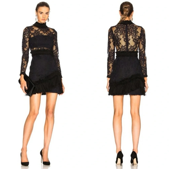Alexis Wilhemina Black Lace Mini Dress XS Mock Neck Sheer Sleeve $594 - Picture 1 of 16